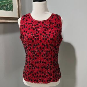 Vintage Pave Red Black Sequin Beaded Lined Sleeveless Top Size Small